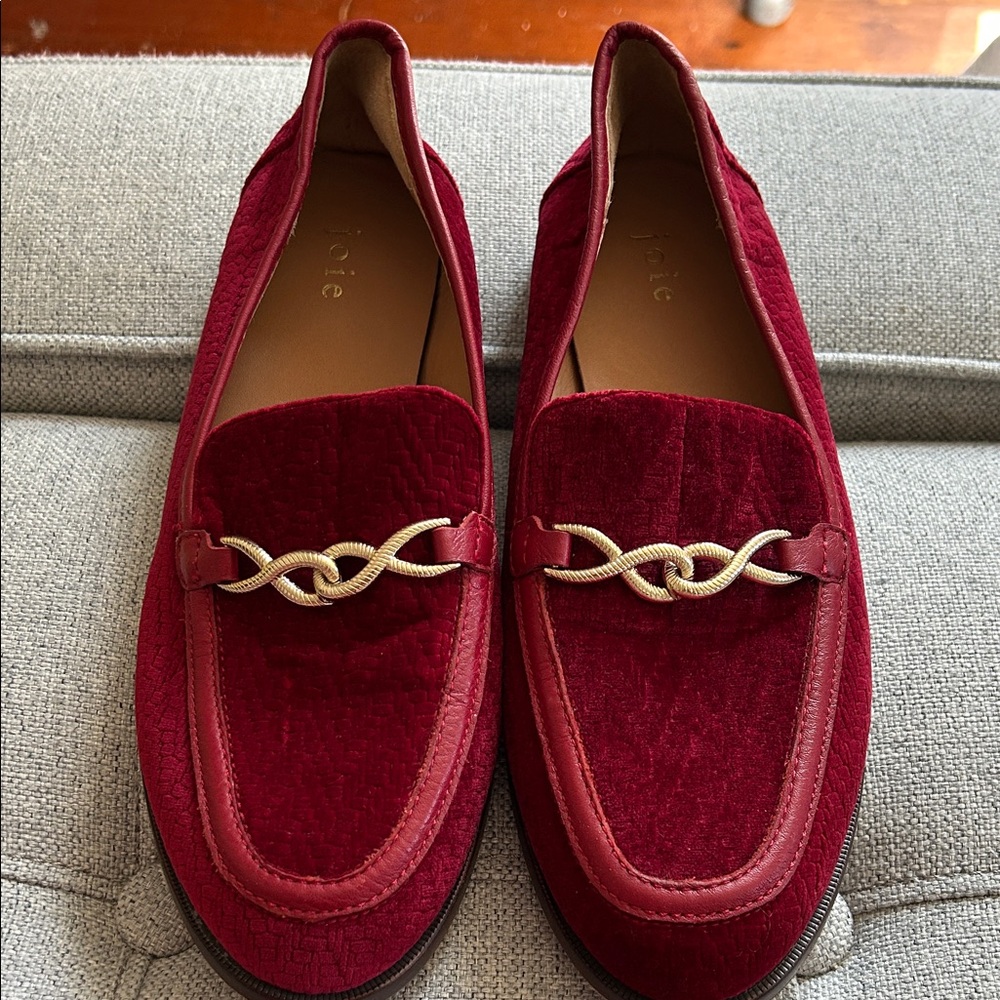 Joie Red Velvet Loafers with Gold Chain